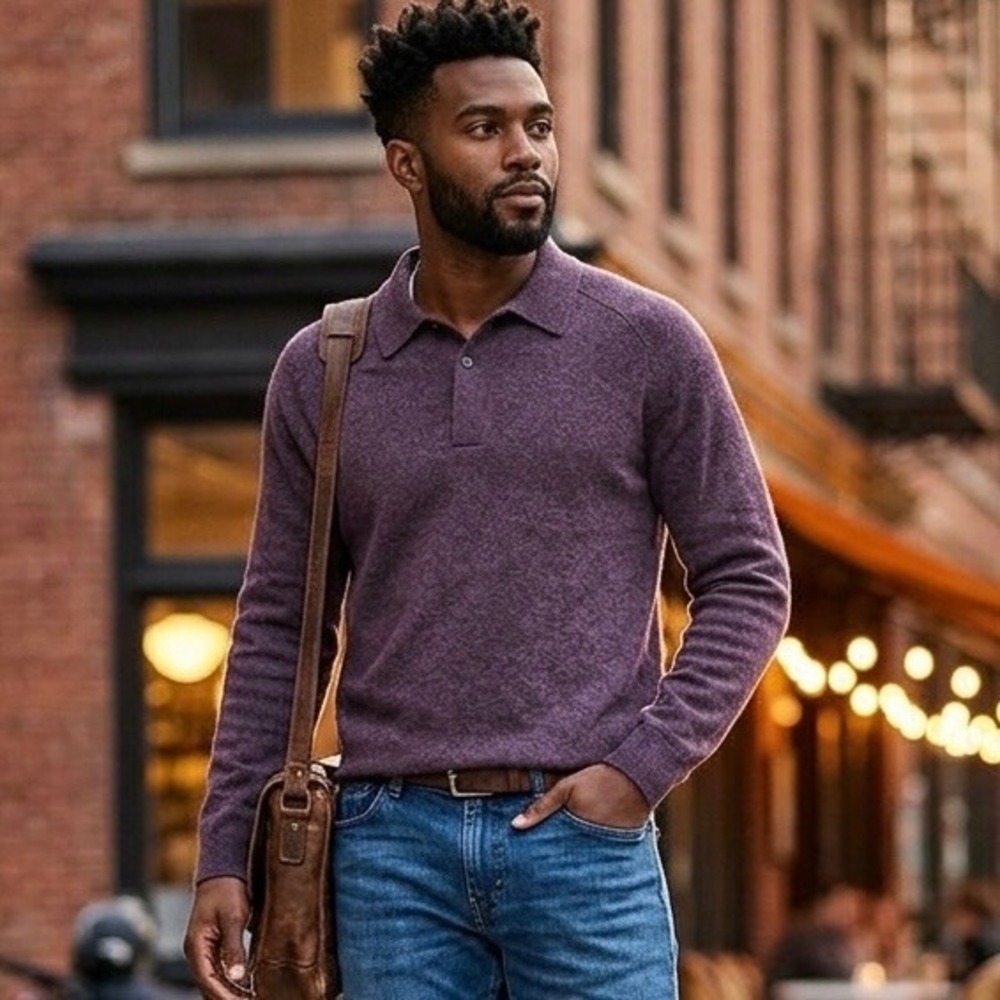Magaschoni Man 100% Cashmere Gorgeous Purple Long Sleeve Polo Sweater Size M